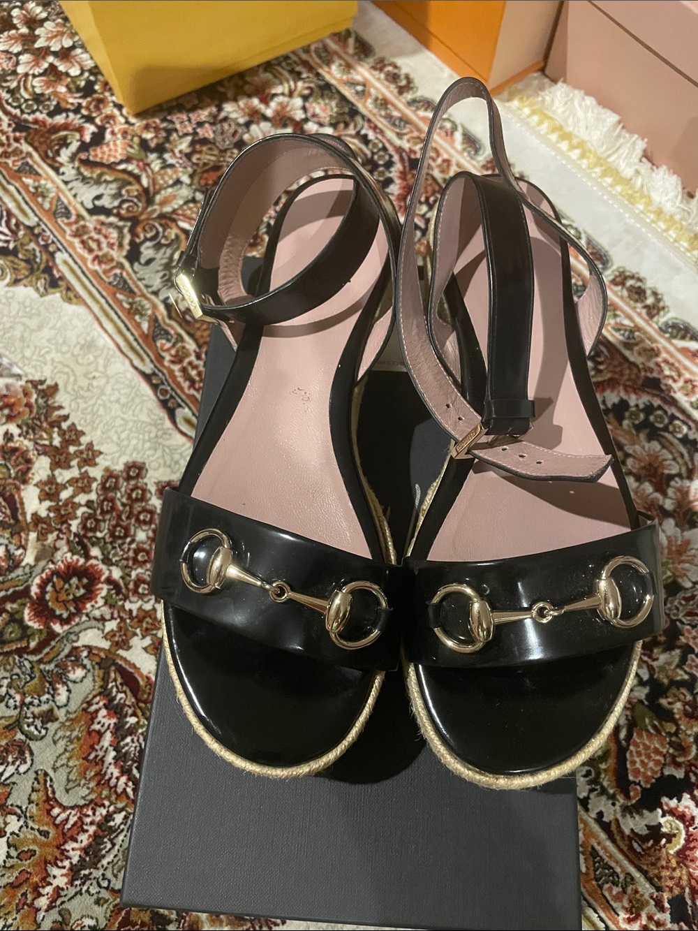 Gucci Black Patent Leather Sandals with Gold Horsebit